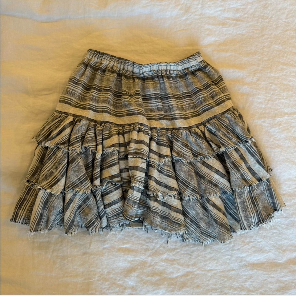 MINKPINK Gray and White Striped Tiered Ruffle Mini Skirt Kimberley Ra Ra Beige